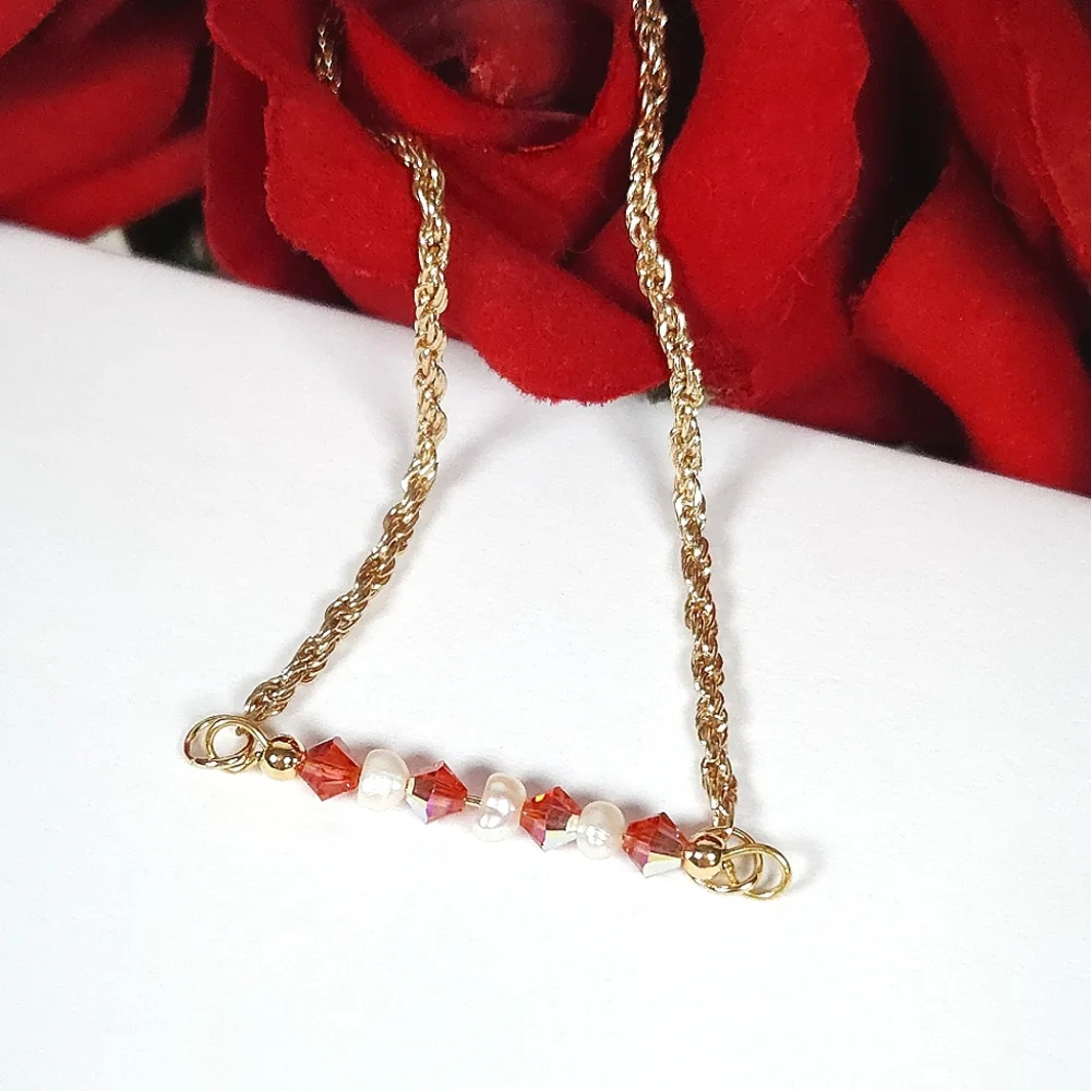 Handmade White Pearl & Pink Peach AB Crystal Bar Gold Bracelet Rope Twist Chain